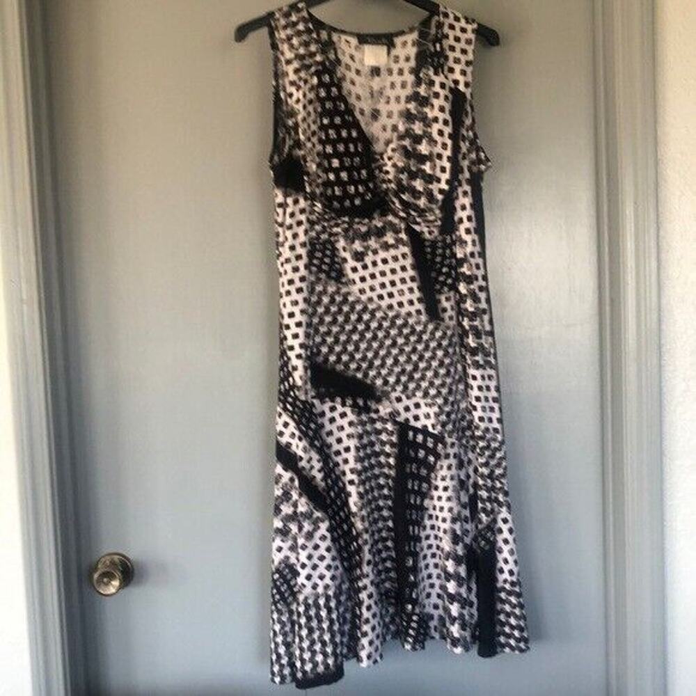 Bali Sz 14 Women’s Black Grey White Retro Sleeveless Midi Dress V Neck Swirly